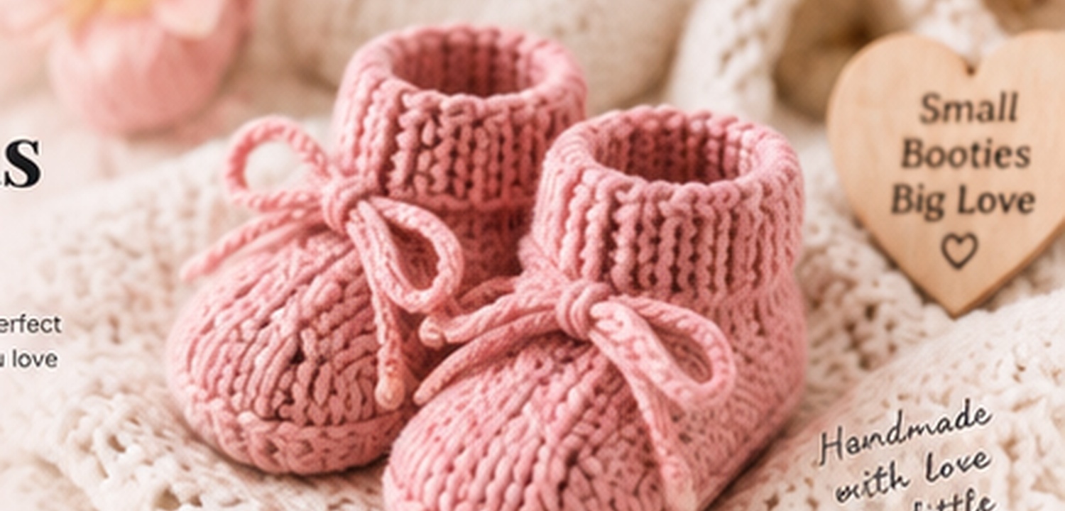 Soft pink knitted baby booties with yarn and a cozy handmade setting